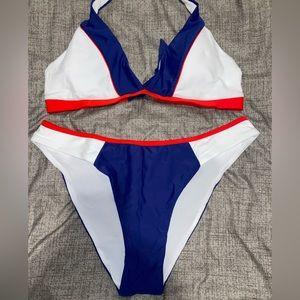 Red white and blue color block two piece swimsuit